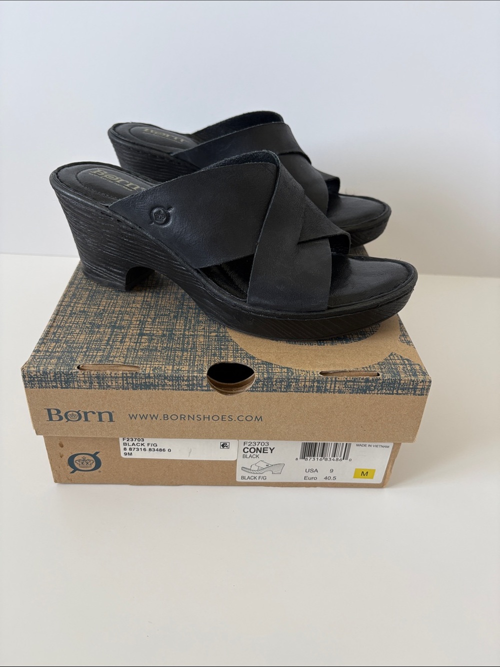 Born Black Coney Leather Crisscross Wedge Sandals